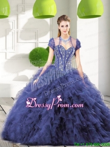 Trendy Navy Blue Quinceanera Gown with Beading and Ruffles for 2015