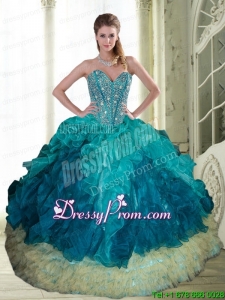 2015 Custom Made Beading and Ruffles Sweetheart Quinceanera Dresses in Multi Color