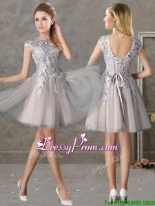 Most Popular Bateau Cap Sleeves Grey Prom Dress with Lace
