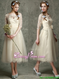 See Through Scoop Half Sleeves Prom Dress with Hand Made Flowers and Lace