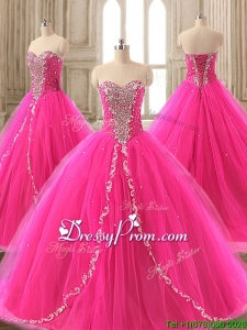 Elegant Beaded Hot Pink Sweet 16 Gown with Brush Train