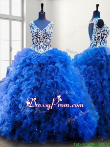 Popular V Neck Beading and Ruffles Sweet 16 Dress in Royal Blue