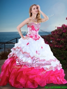 Visible Boning Beaded and Ruffled Quinceanera Gown in Hot Pink and White