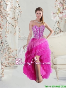2016 Inexpensive High Low Sweetheart Fuchsia Dama Dresses with Beading and Ruffles