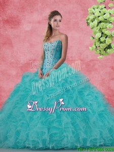 Beautiful Strapless Beaded and Ruffles Quinceanera Dresses in Aqua Blue
