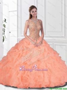 2016 Spring Perfect Beaded and Ruffles Watermelon Quinceanera Gowns with Bateau