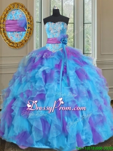 2017 Best Sweetheart Organza Blue and Purple Quinceanera Gown with Handmade Flower
