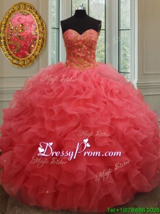Best Really Puffy Beaded and Ruffled Organza Quinceanera Gown in Coral Red
