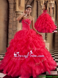 Popular Coral Red Sweetheart Quinceanera Gowns with Beading
