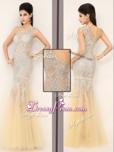 2016 Gorgeous Mermaid One Shoulder Beading Prom Dresses in Champagne
