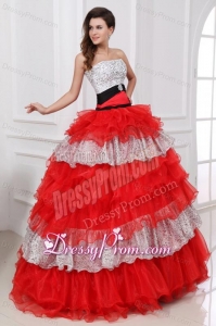 Red and White Strapless Organza Quinceanera Dress with Beading