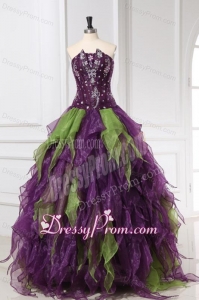 Strapless Green and Purple Organza Quinceanera Dress with Rhinestone
