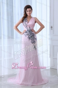 Beautiful Pink Column V-neck Tulle and Taffeta Prom Dress with Appliques