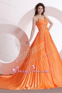 Modest Princes Straps Court Train Taffeta Orange Prom Dress with Ruching
