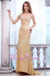 Brush Train Column One Shoulder Gold Prom Dress with Beading