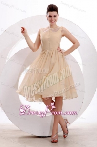 Champagne Bateau Ruching Prom Dress with Chiffon