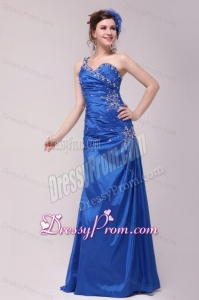 Cheap Column One Shoulder Blue Floor-length Beading Prom Dress