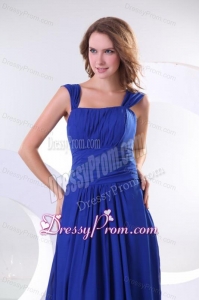 Empire Chiffon Blue Wide Straps Brush Train Prom Dress with Ruche
