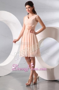 Empire V-neck Champagne Hand Made Flower Ruching Short Prom Dress