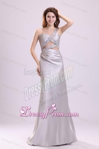 Grey Column One Shoulder Beading Elastic Woven Satin Watteau Train Criss Cross Prom Dress