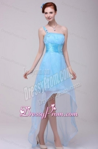 Light Blue One Shoulder High-low Beaded Decorate Prom Dress for Girls