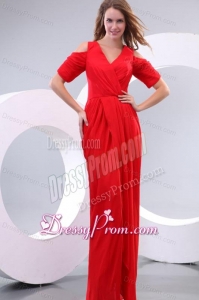Red Column V-neck Floor-length Short Sleeves Prom Dress with Silt