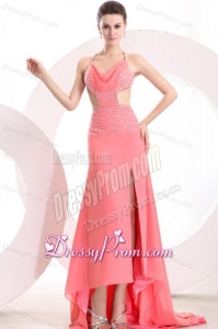 Watermelon Halter Top Neck High-low Beading Chiffon Prom Dress
