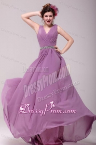 Beaded Decorate Waist V-neck Chiffon Lilac Prom Dress for Girls