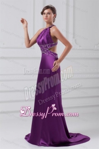 Column One Shoulder Brush Train Elastic Woven Satin Beading Purple Prom Dress