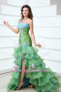 Cute A-Line One Shoulder Organza Beading and Ruffled Layers Green Prom Dress with High-low