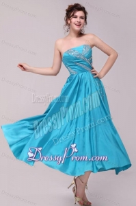Elegant Aqua Blue A-Line Strapless Taffeta Beading Ankle -length Prom Dress