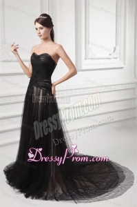 Formal Empire Sweetheart Court Train Black Tulle Ruching Prom Dress