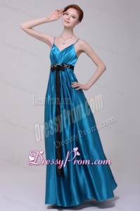 Informal Empire Straps Floor-length Elastic Woven Satin Teal Prom Dress with Beading