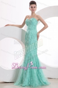 Sexy Mermaid Sweetheart Apple Green Embroidery Prom Dress with Tulle Brush Train
