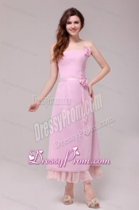 Strapless Baby Pink Hand Made Flowers Tea-length Prom Dress
