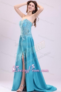 Sweetheart Empire Teal Sweep Train Prom Dress with White Embroidery