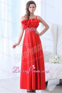 Taffeta Red Empire One Shoulder Ankle-length Beading Prom Dress