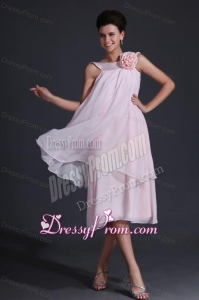 Baby Pink Bateau Flowers Prom Dress with Tea-length