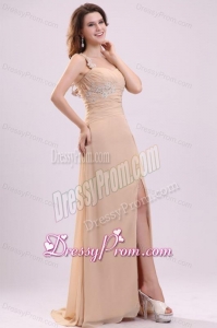 Champagen High Slit One Shoulder Prom Dress with Appliques and Beading