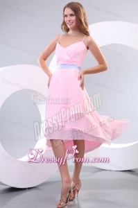 Cheap Baby Pink Spaghetti Straps High-low Prom Dress with Lavender Sash