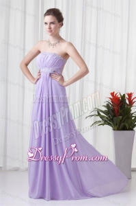 Elegant Empire Strapless Court Train Beading Lavender Prom Dress with Backless