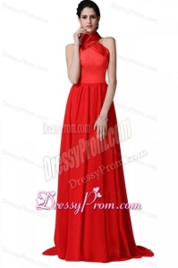 Empire Halter Top Ruching Red Chiffon Prom Dress