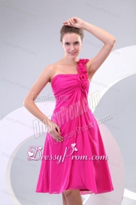 Hot Pink Hand Made Flowers Ruching One Shoulder Prom Dress