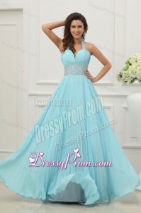 Light Blue Halter Top Neck Beading and Pleats Long Prom Dress