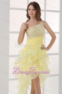 Light Yellow One Shoulder Asymmetrical Organza Prom Dress with Beading