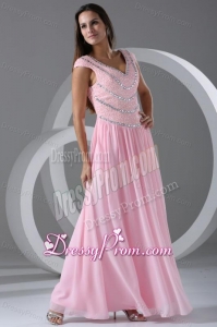 Pink Empire V-neck Cap Sleeves Prom Dress with Beading
