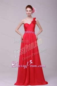 Red One Shoulder Beading and Flowers Brush Train Prom Dress