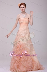 A-line Strapless Floor-length Watermelon Zipper Up Organza Prom Dress with Ruching