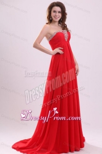 Chiffon Romantic Empire Red Strapless Brush Train Beading 2014 Prom Dress