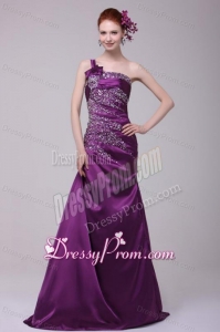 Column One Shoulder Lace Up Floor-length Beading Taffeta Purple Prom Dress